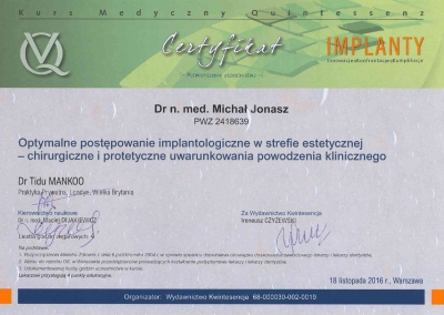 Certyfikat Dr n.med. lek. dent. Michał Jonasz           