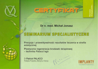 Certyfikat Dr n.med. lek. dent. Michał Jonasz           