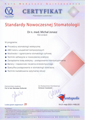 Certyfikat Dr n.med. lek. dent. Michał Jonasz      