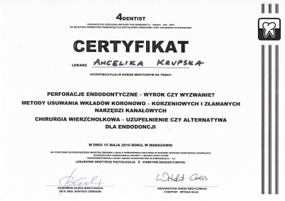 certyfikaty lek.dent. Angelika Krupska-Jonasz specjalista endodoncji