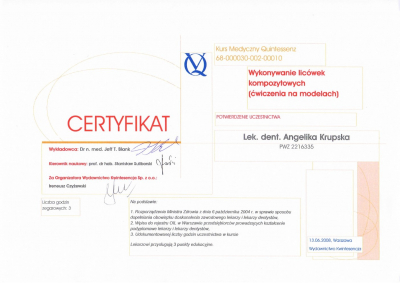 certyfikaty lek.dent. Angelika Krupska-Jonasz specjalista endodoncji