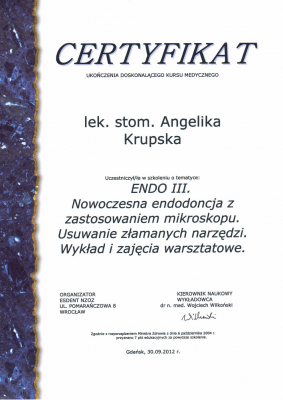 certyfikaty lek.dent. Angelika Krupska-Jonasz specjalista endodoncji