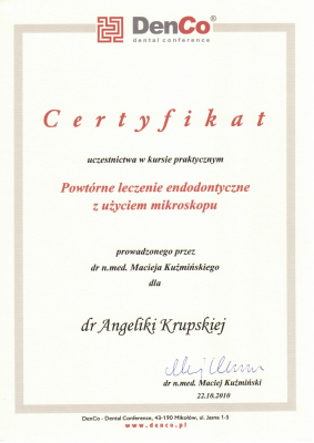 certyfikaty lek.dent. Angelika Krupska-Jonasz specjalista endodoncji