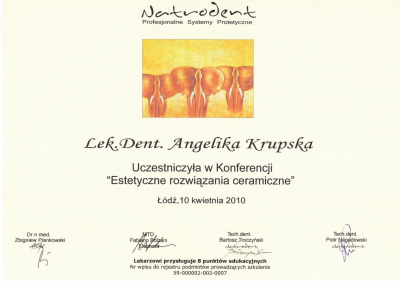 certyfikaty lek.dent. Angelika Krupska-Jonasz specjalista endodoncji