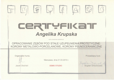 certyfikaty lek.dent. Angelika Krupska-Jonasz specjalista endodoncji   