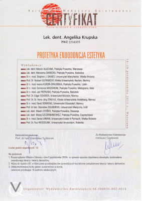 certyfikaty lek.dent. Angelika Krupska-Jonasz specjalista endodoncji