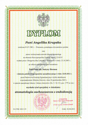 certyfikaty lek.dent. Angelika Krupska-Jonasz specjalista endodoncji