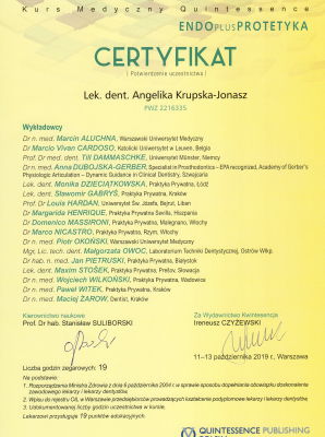 certyfikaty lek.dent. Angelika Krupska-Jonasz specjalista endodoncji