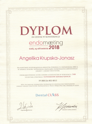 certyfikaty lek.dent. Angelika Krupska-Jonasz specjalista endodoncji