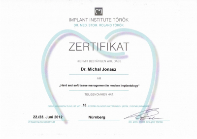 Certyfikat Dr n.med. lek. dent. Michał Jonasz         