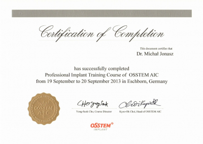 Certyfikat Dr n.med. lek. dent. Michał Jonasz   