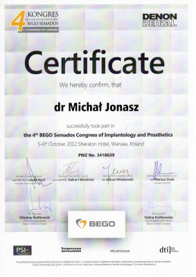 Certyfikat Dr n.med. lek. dent. Michał Jonasz   