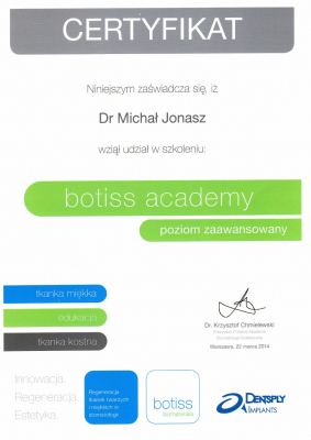 Certyfikat Dr n.med. lek. dent. Michał Jonasz     