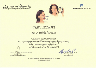 Certyfikat Dr n.med. lek. dent. Michał Jonasz    