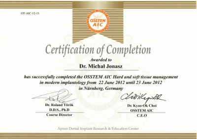 Certyfikat Dr n.med. lek. dent. Michał Jonasz       