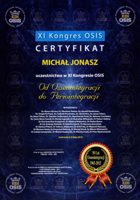 Certyfikat Dr n.med. lek. dent. Michał Jonasz   
