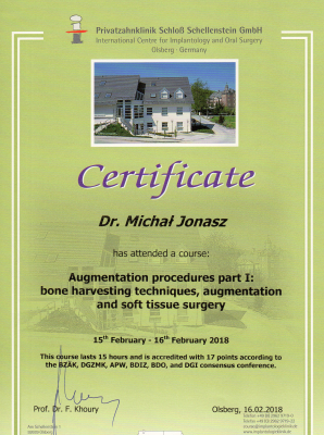 Certyfikat Dr n.med. lek. dent. Michał Jonasz           