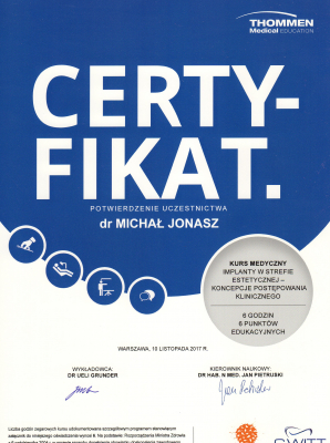 Certyfikat Dr n.med. lek. dent. Michał Jonasz           