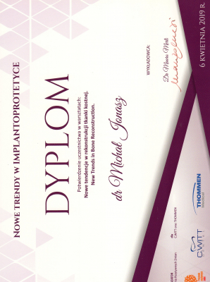 Certyfikat Dr n.med. lek. dent. Michał Jonasz           